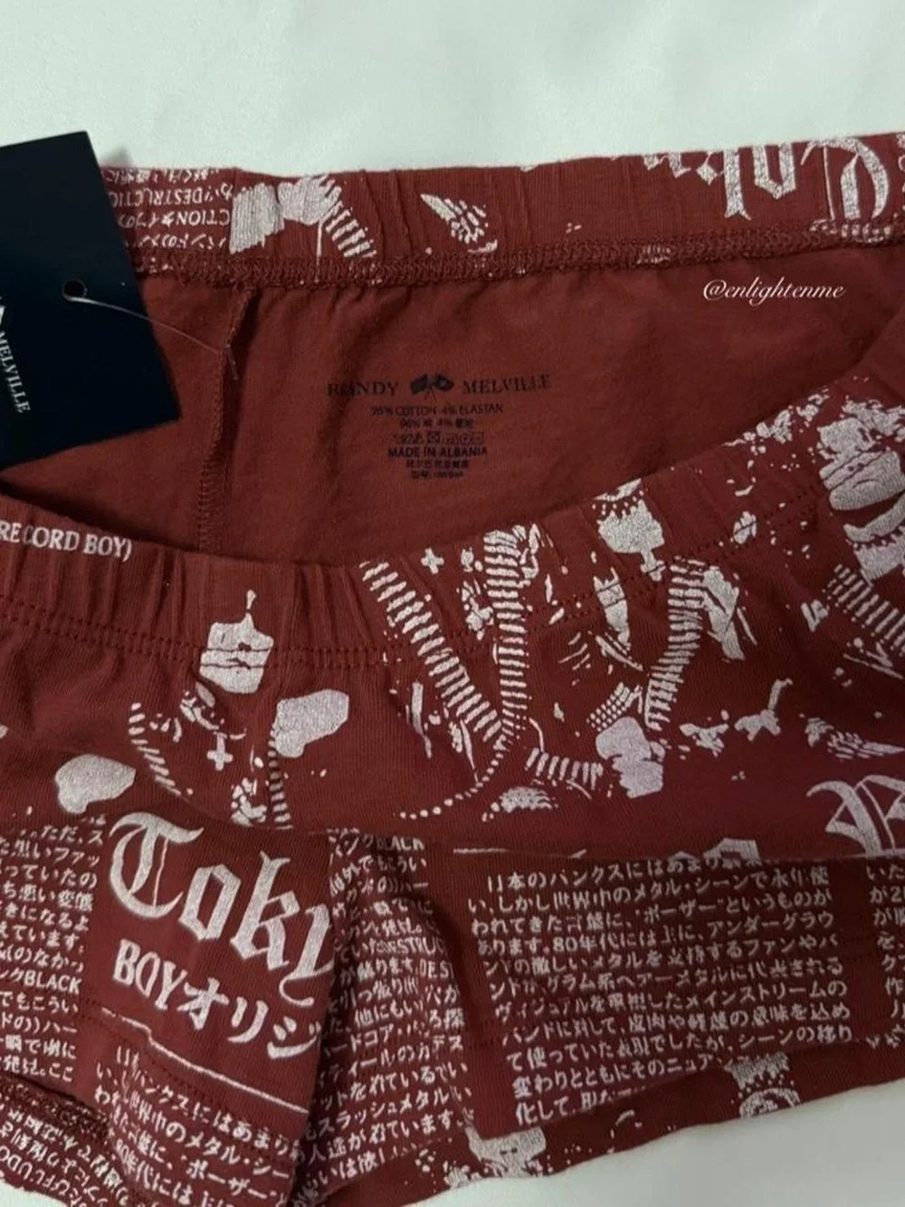 Brandy Melville red newspaper print Tokyo Radio Silence boxer boy shorts